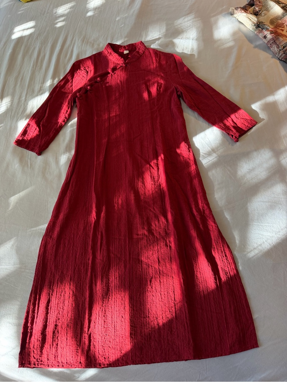 Red Long Sleeve Midi Dress - Classic Mandarin Collar